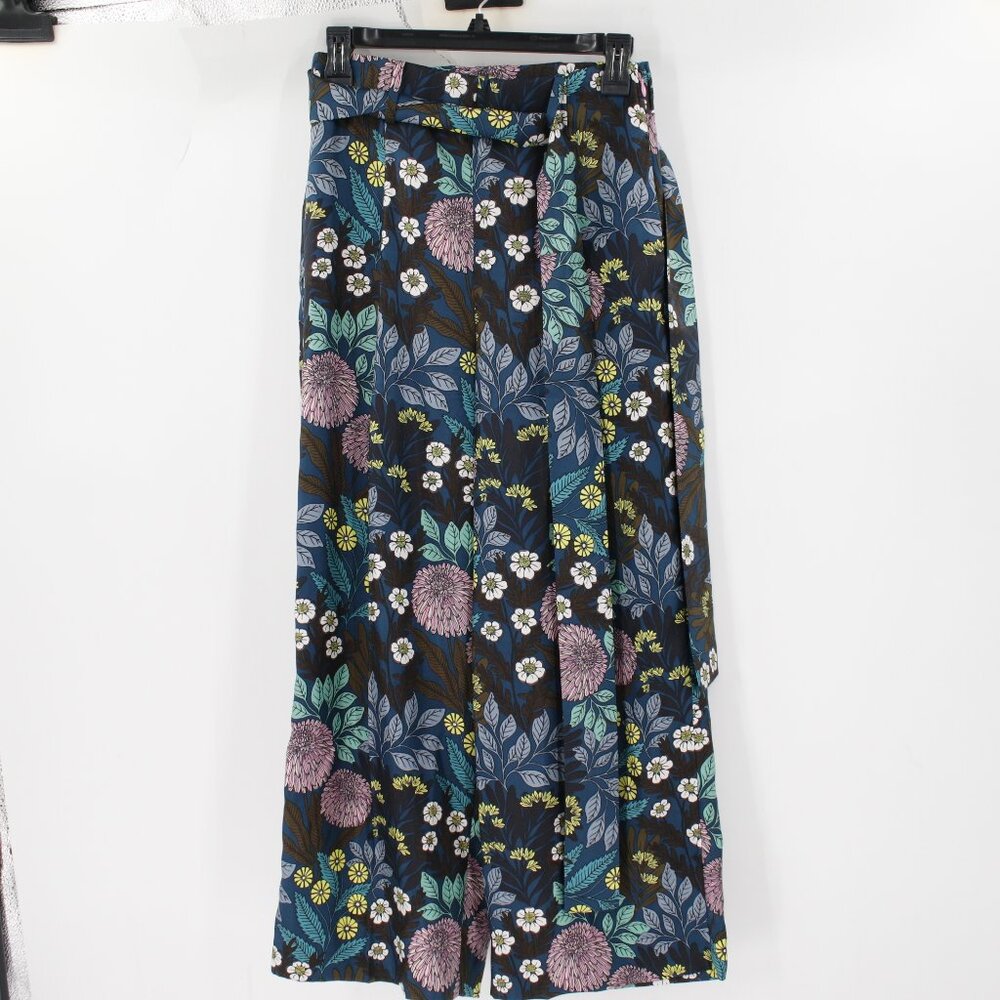 J Crew x Abigail Borg‎ pants womens 00 Wide Leg Silk Teal Blue Floral Print tie